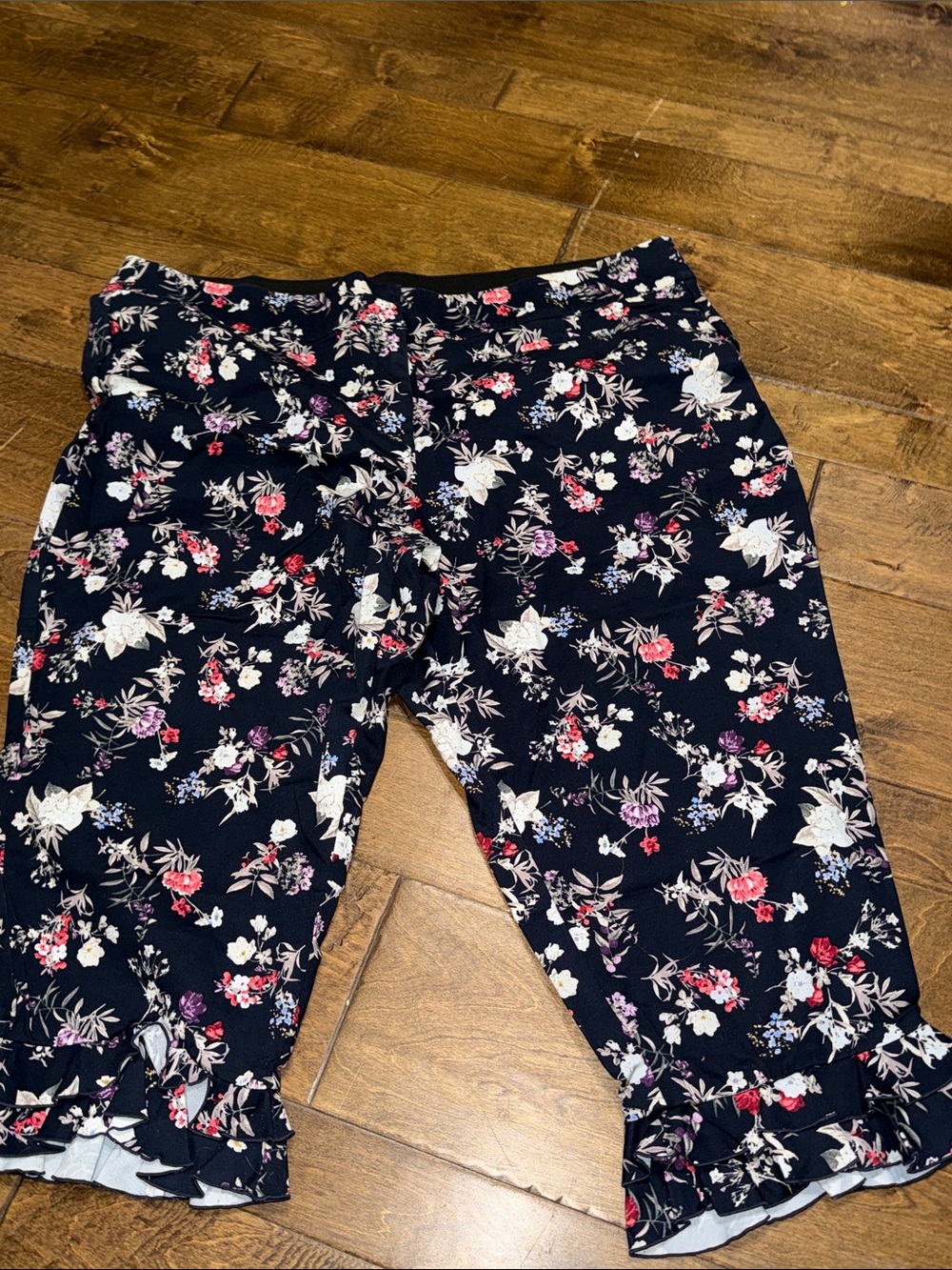 Lane Bryant Navy Floral Ruffle-Hem Capris